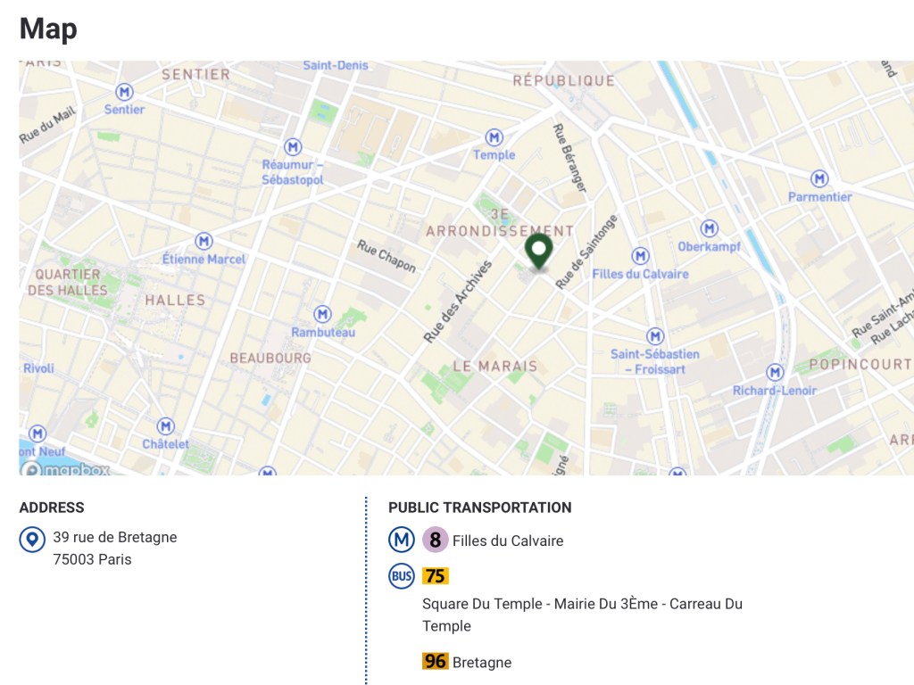 Map of the area of Paris where the market is located plus information about the public transportation in the area.